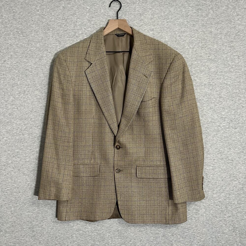 Vintage Bill Blass Glen Check Sports Jacket Blazer Mens 42 Tan Silk Blend - Picture 1 of 16
